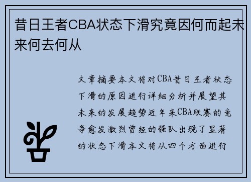 昔日王者CBA状态下滑究竟因何而起未来何去何从