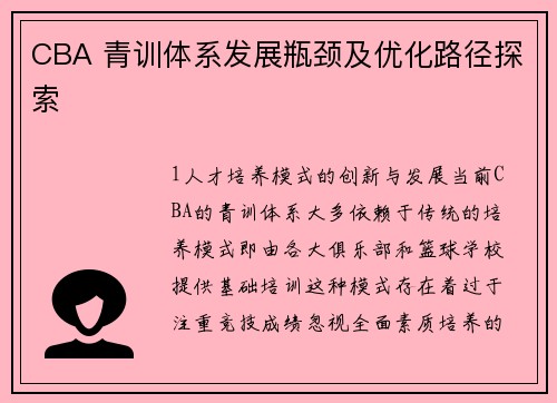 CBA 青训体系发展瓶颈及优化路径探索